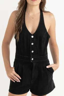 Cassy Halter Denim Romper Vintage Black