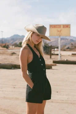 Cassy Halter Denim Romper Vintage Black