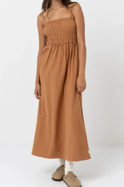 Classic Shirred Midi Dress Caramel