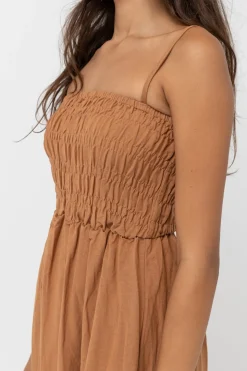 Classic Shirred Midi Dress Caramel