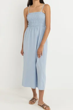 Classic Shirred Midi Dress Blue