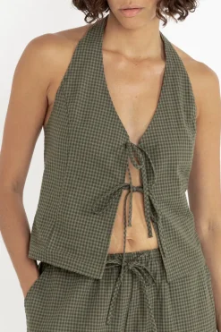 Louise Check Halter Top Olive