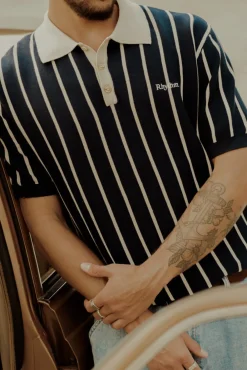 Striped Knit Ss Polo Navy