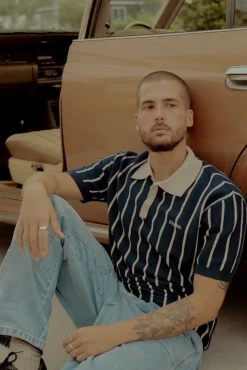 Striped Knit Ss Polo Navy