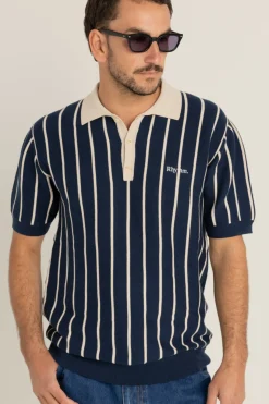 Striped Knit Ss Polo Navy