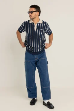 Striped Knit Ss Polo Navy