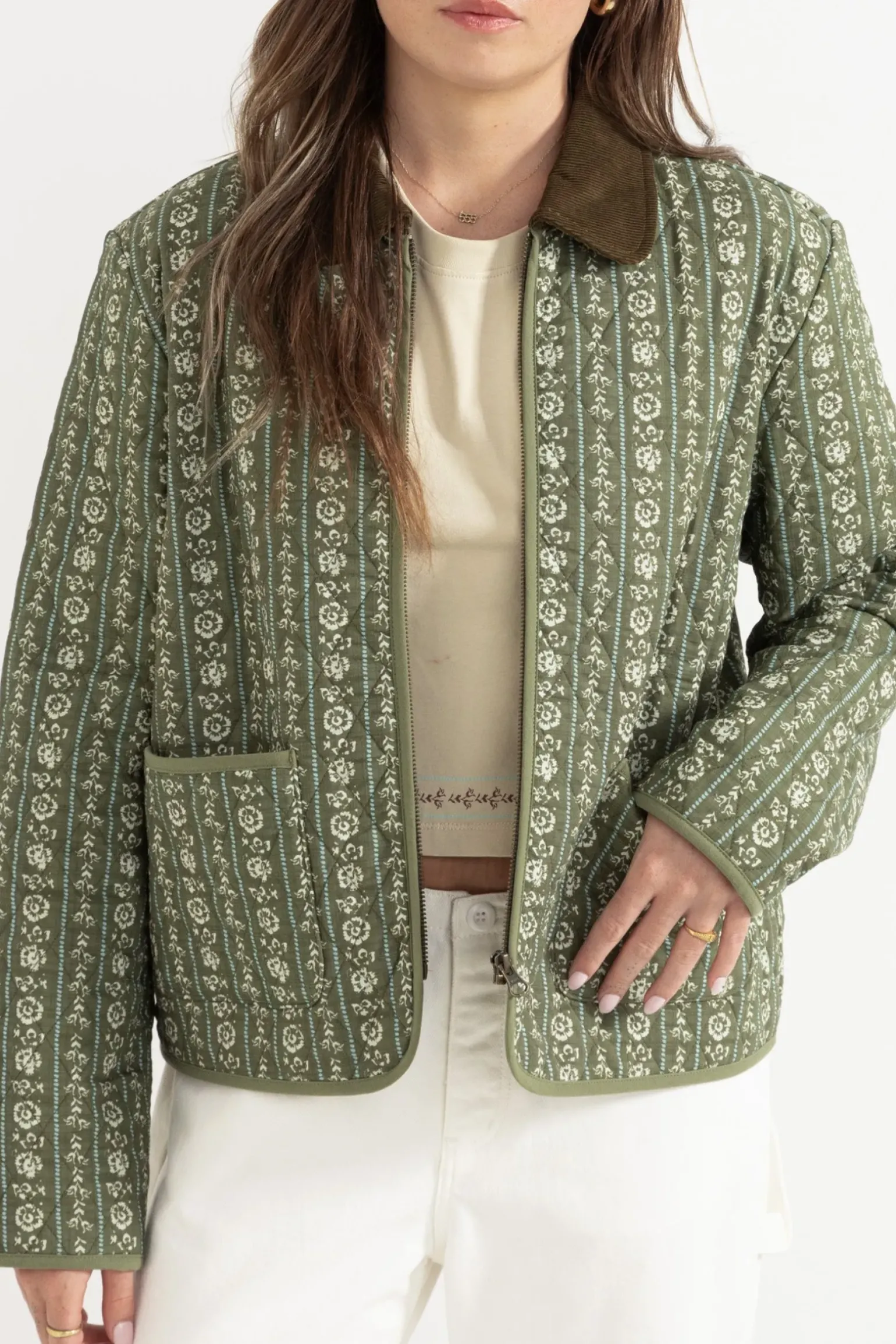 Vintage Floral Quilted Jacket Dusty Olive